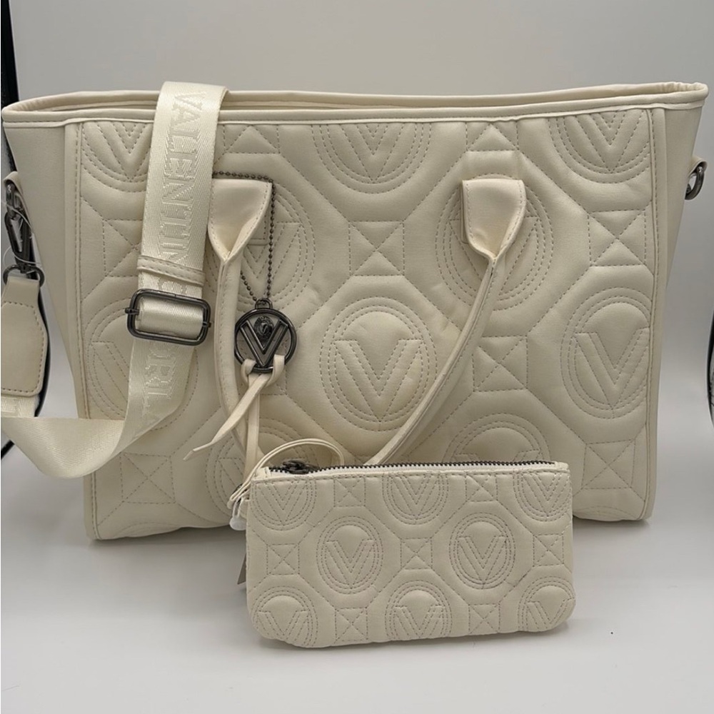 Valentino Orlandi Cream Quilted Tote with Pouch 3 in 1